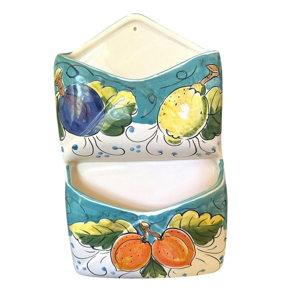 Vintage Hand-Painted Ceramic Mail Holder: Italian Fruit Lemon Plum Orange Design